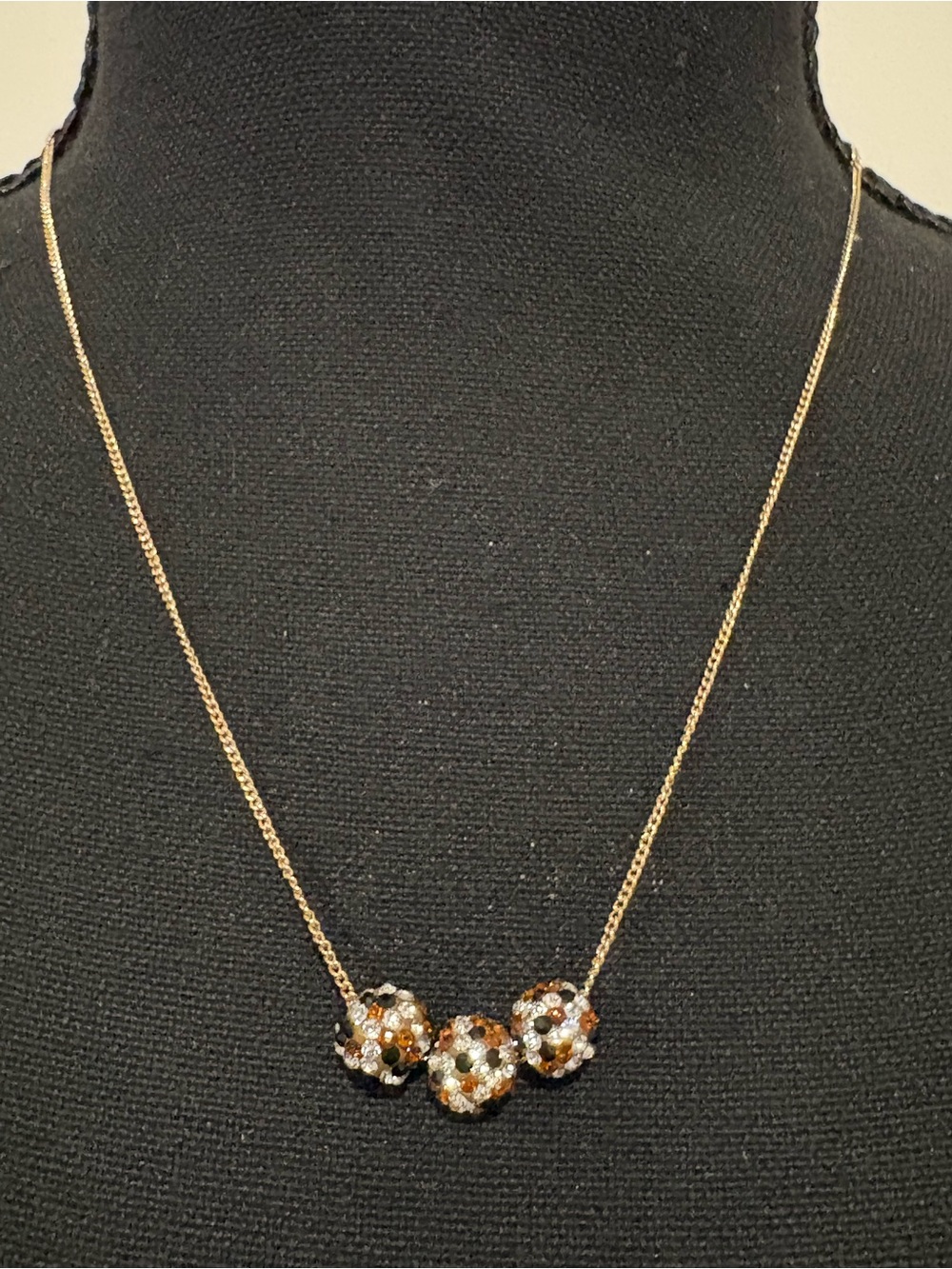 Gold-Tone Triple Crystal Bead Necklace - Brown and White Signed “Mark”